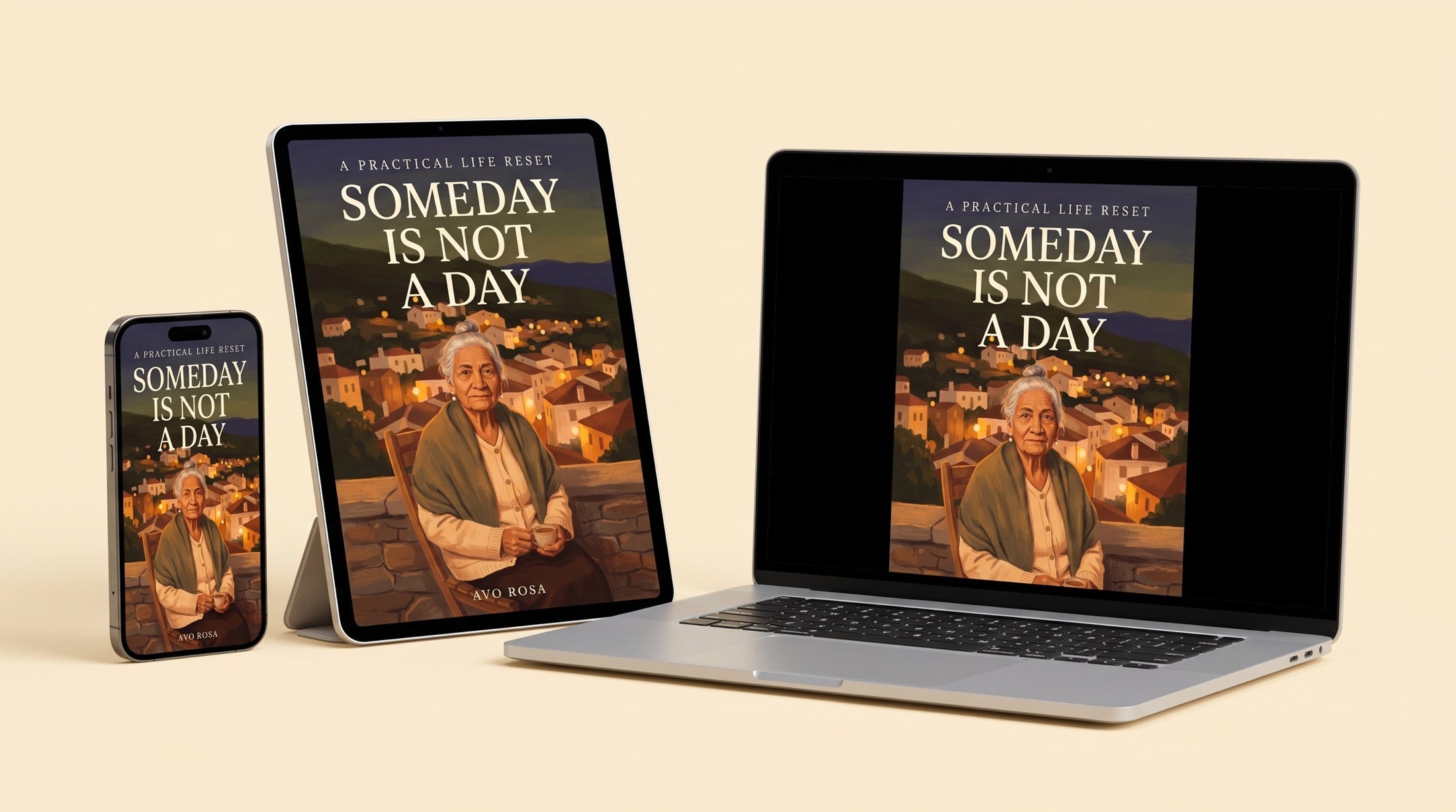 Someday Is Not A Day (ebook) shown on a phone, a tablet and a laptop